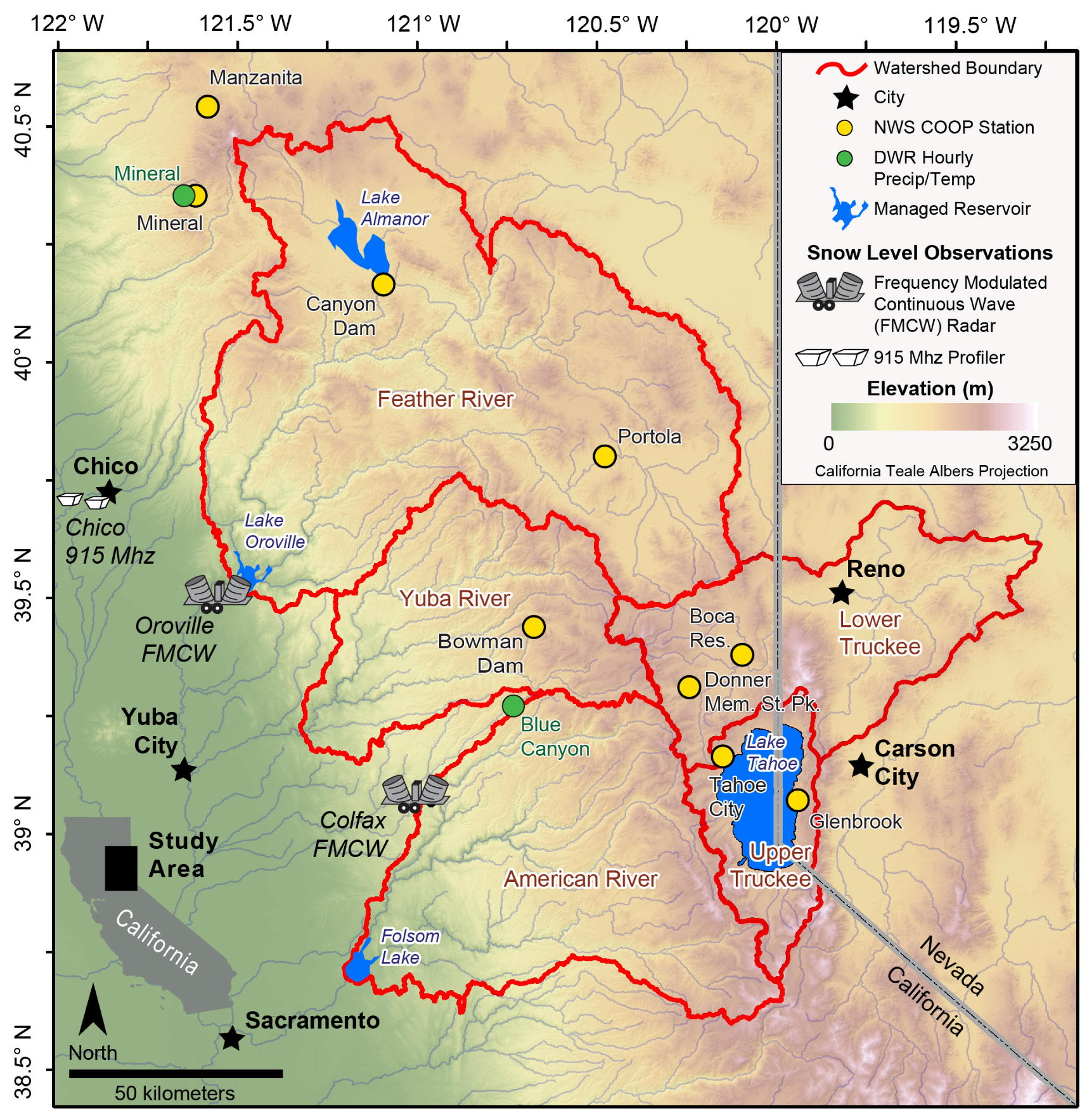The snow line study focused on the northern Sierra Nevada over a ten-year period.