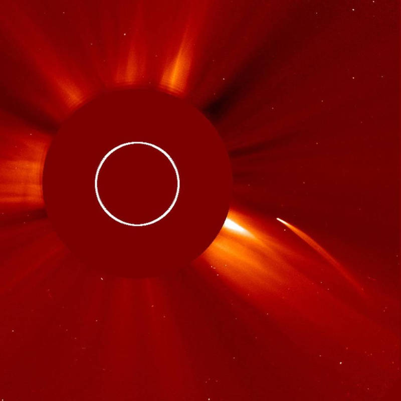 Image of a comet passing close to the sun, captured by the Solar and Heliospheric Observatory (SOHO) in 2011. The white circle represents the sun, whose bright disk is hidden behind a disk of metal. 