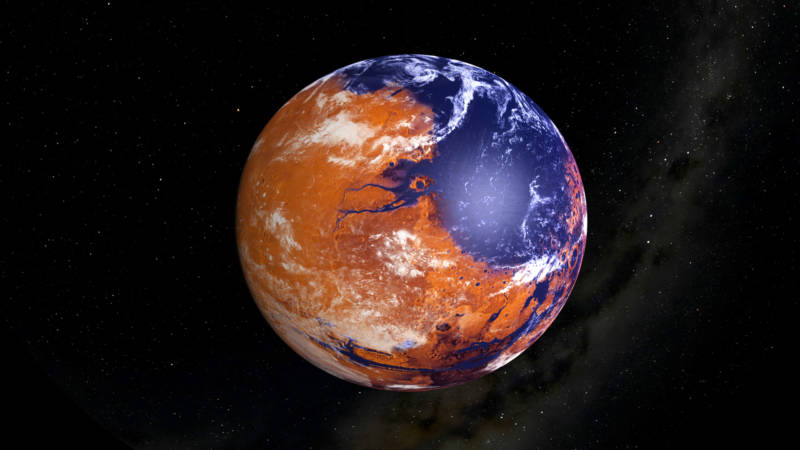 Artist concept of Mars at a time in the distant past when it possessed a thicker atmosphere, a water cycle, and liquid surface water. 