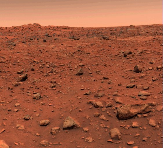 The first color image from the surface of Mars, taken by the Viking 1 lander on July 21st, 1976. 