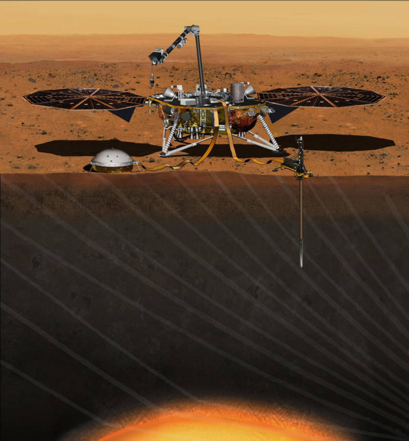 Cutaway illustration of InSight on Mars' surface. The HP3 thermal probe is shown on the right, and the SEIS seismometer on the left. 