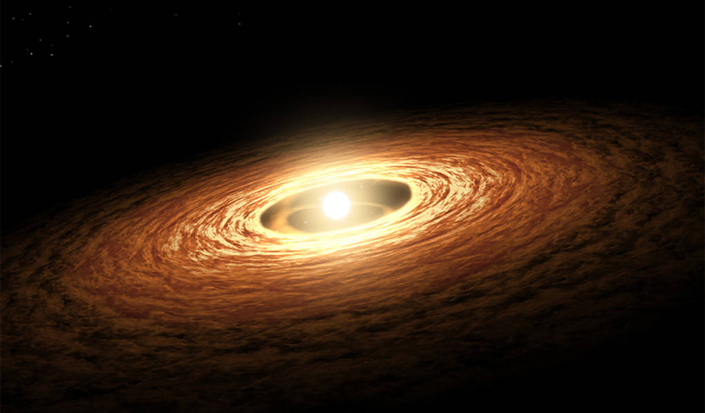 An artist's illustration of a young, sun-like star encircled by its disk of gas and dust. The gas and dust will in time form exoplanets. Credit: NASA/JPL-Caltech/T. Pyle