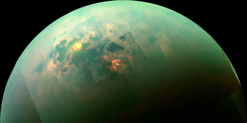 Sunlight reflecting off of Titan's liquid methane seas, as seen through Cassini. 