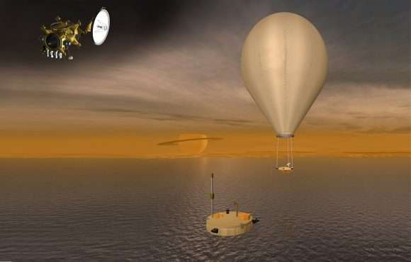 Artist concept of possible future missions to Titan, including an orbiter, a "floating" probe designed to drift around Titan's methane seas, and a balloon-borne robotic explorer. 