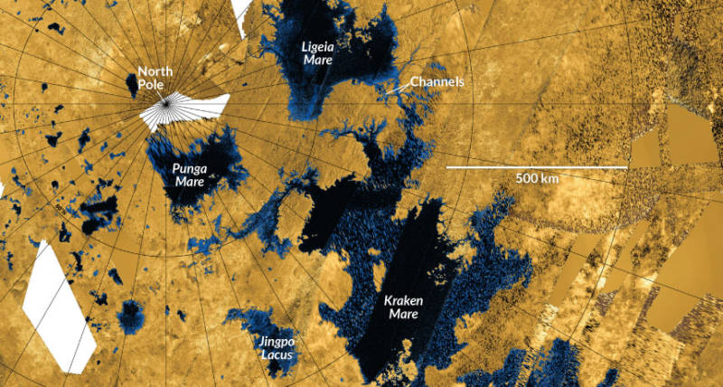 Cassini map of Titan's three large seas, and surrounding smaller lakes. 