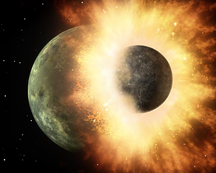 Artist concept of a collision between two planets--in this case a hypothetical Moon-sized world impacting a Mercury-sized planet. Such a collision is believed to have occurred between the young Earth and another planet named Theia, resulting in the formation of the Moon.