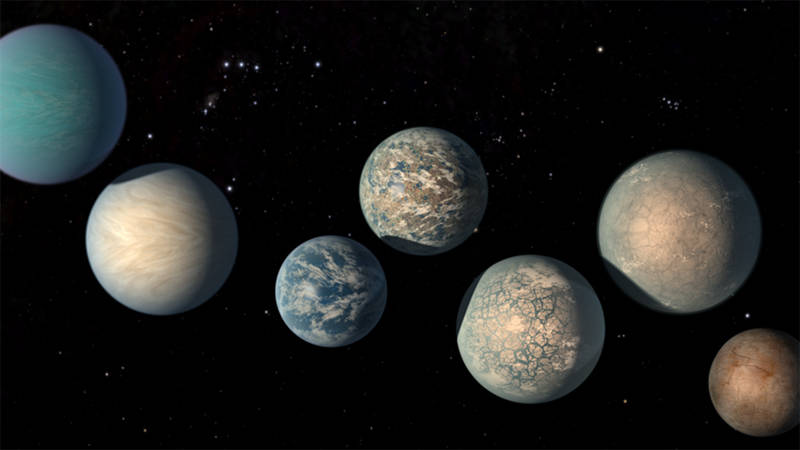 Artist illustration of the seven Earth-sized exoplanets discovered in the nearby TRAPPIST-1 system. Three of these are located within their star's habitable zone, and could have liquid water on their surfaces. 