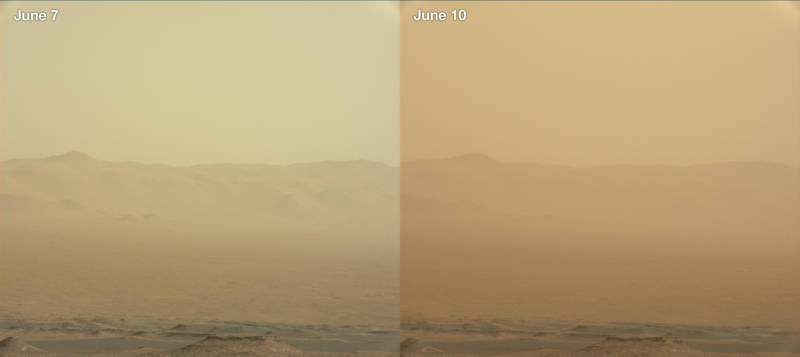 Images captured by the rover Curiosity in Gale Crater, showing the increase in airborne dust from June 7 to June 10, attributed to the major wind storm blowing across over a quarter of the planet. 