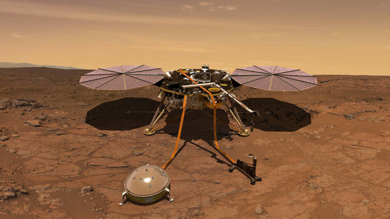 Artist rendition of NASA's InSIGHT spacecraft, which will land on Mars next November. Positioned in the foreground are InSIGHT's seismometer (left) and ground-penetrating thermal probe (right) instruments. 