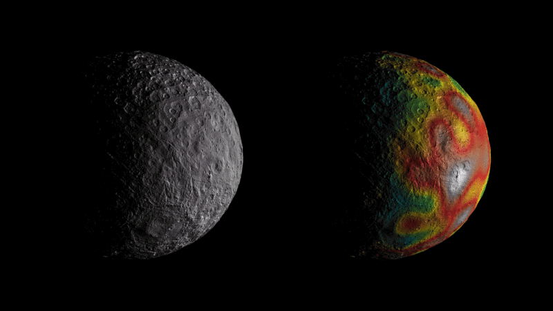 Map of Ceres made from measurements of gravitational strength (right), where red indicates stronger gravity. The gravitational variations provide clues about Ceres' internal structure. 