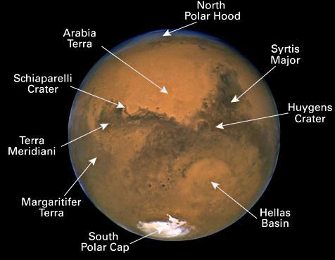 Some of Mars' surface features that you might see with the aid of a telescope. 
