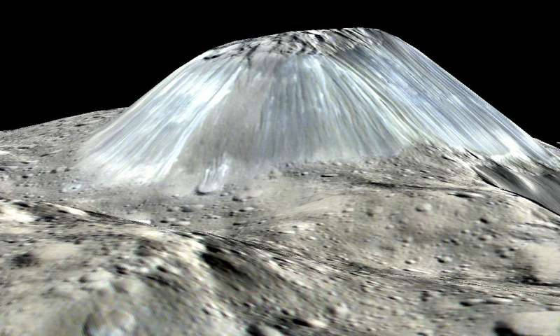 Ahuna Mons, a suspected cryovolcano on the dwarf planet Ceres. Digital model created from images and measurements made by the Dawn spacecraft. 