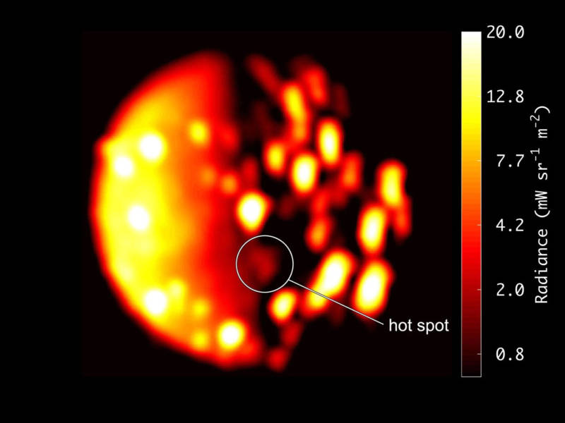 Infrared image of Jupiter's moon Io, captured by Juno's JIRAM instrument, showing the newly discovered volcanic hot-spot amid a host of others. 
