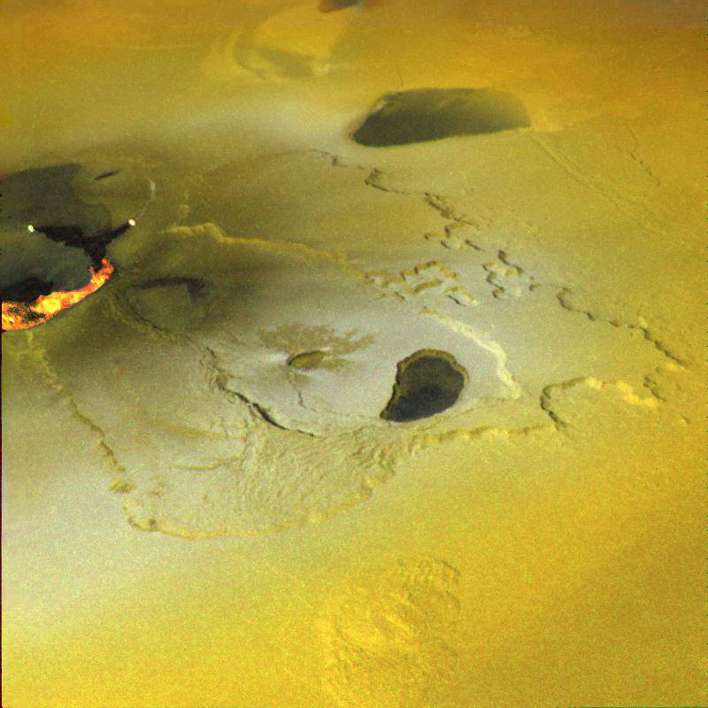 False-color image of a volcano erupting on Jupiter's moon Io, captured in 2000 by the Galileo spacecraft. 