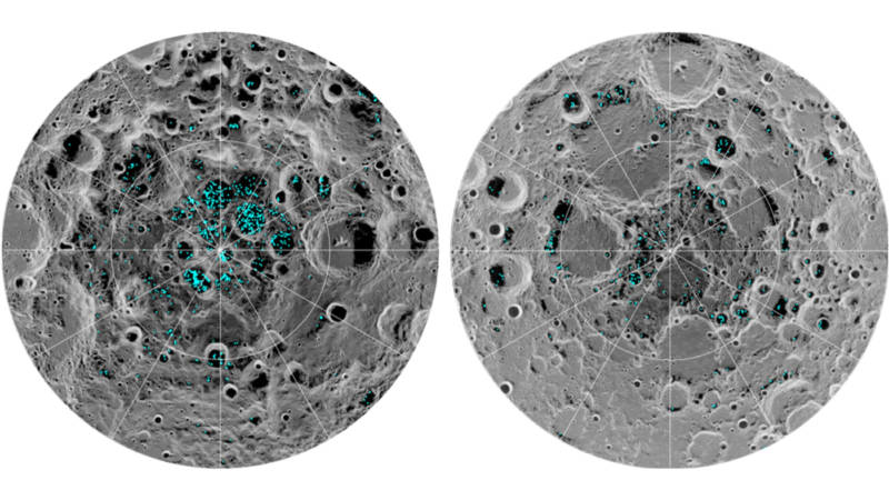 Map of water ice confirmed in the Moon's north and south polar regions by the Moon Mineralogy Mapper instrument. 