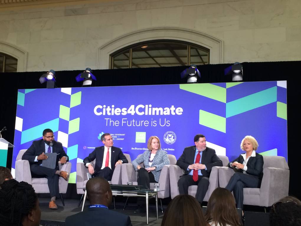 A panel at the Cities4Climate event. From left: moderator Jamil Smith; Los Angeles Mayor Eric Garcetti; Seattle Mayor Jenny Durkan; Pittsburgh Mayor Bill Peduto; Salt Lake City Mayor Jackie Biskupski.