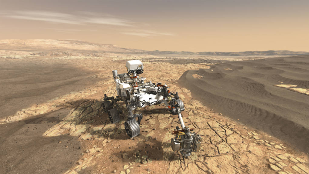 Artist concept of the Mars 2020 rover, scheduled to set down on Mars in two years on a mission to search for signs of life.