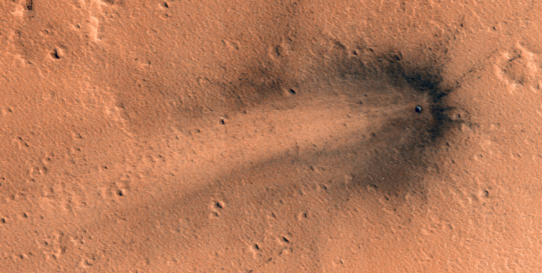 Orbital image of a recent meteorite impact in Elysium Planitia, captured by the Mars Reconnaissance Orbiter. 