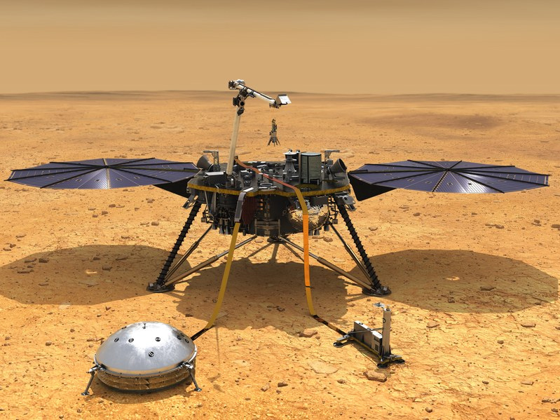 Artist illustration of the InSIGHT lander on Mars, with solar panels, seismometer, and thermal probe deployed.