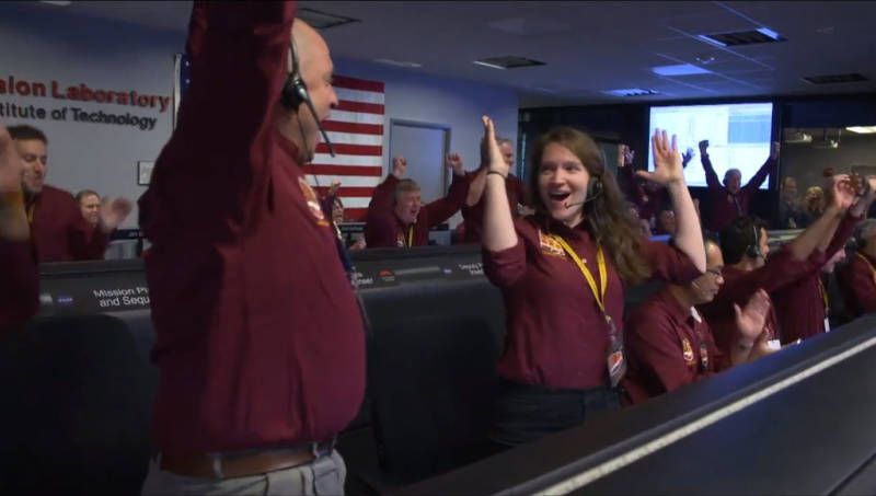 Controllers in Mission Control at the Jet Propulsion Laboratory reacting to news of InSIGHT's successful landing. 