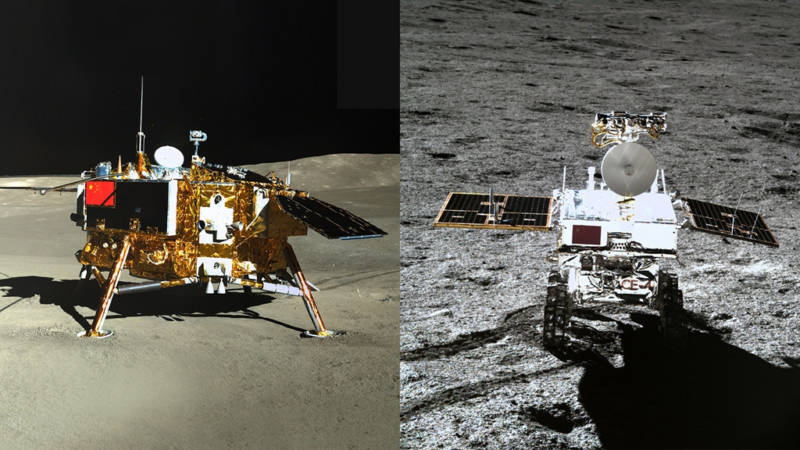 Picture of the Chang'e 4 lander (left) taken by the Yutu-2 rover, and of the rover (right) taken from Chang'e 4. 