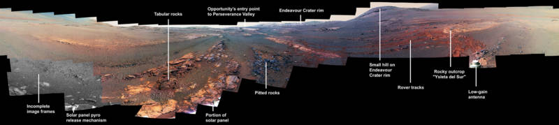 In the final days of its 15-year trek on Mars, the rover Opportunity captured this sweeping panorama from its final resting place in Perseverance Valley. 