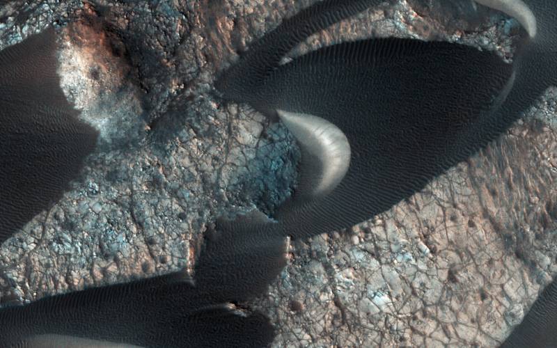 Sand dunes that have formed by constant wind action moving in the same direction. Features like this help scientists map prevailing wind conditions on Mars' surface. 
