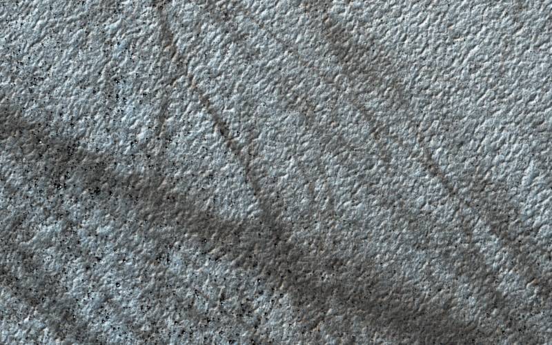 Tracks left behind by dust devils crossing a flat frosty plain in Mars' southern polar region.