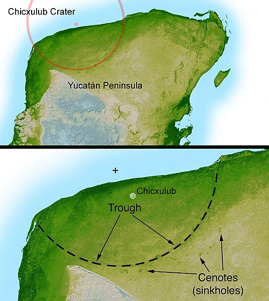 Diagram detailing the remnants of the Chixulub impact crater on the Yucatan Peninsula. Though now buried under jungle and ocean sediment, evidence of the crater can be found through radar imaging and mineral analysis of rock samples.