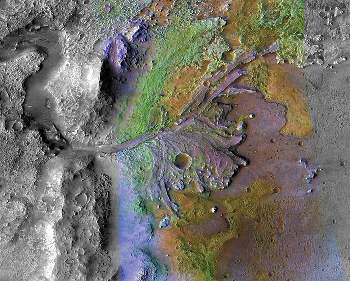 Color-enhanced image of Jezero Delta, a portion of Jezero Crater, the chosen landing destination for the Mars 2020 rover. The color enhancements indicate varying mineral content, with green showing water-formed clay deposits. Image created from measurements by the Mars Reconnaissance Orbiter. 