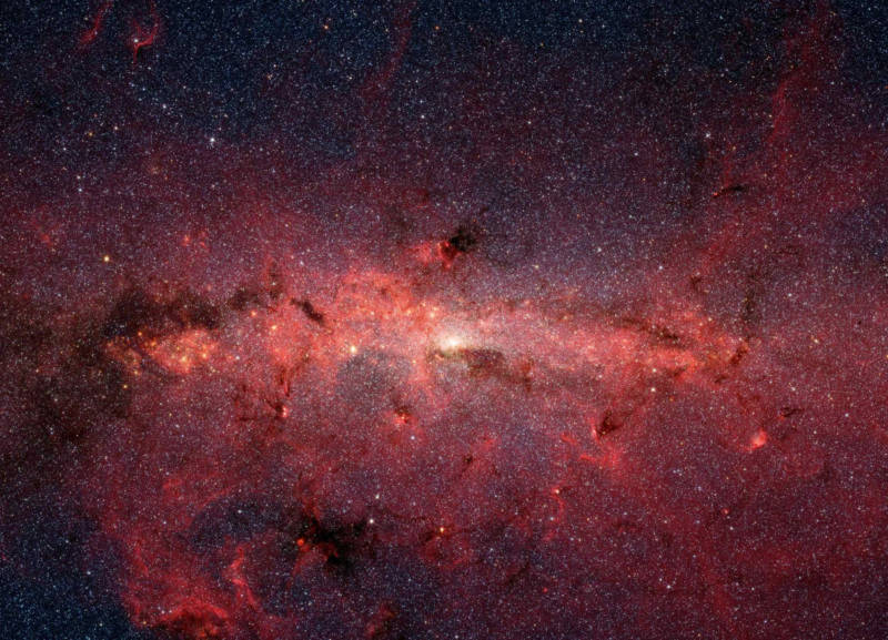Infrared map of the core of the Milky Way galaxy, captured by the Spitzer Space Telescope. Images like this were used to create a complete infrared mosaic of the Milky Way, composed of more than 2 million images. 