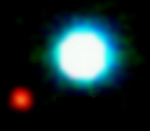 Most exoplanets are too far away and too small to be captured directly in an image, and are detected indirectly. This image is one of the first, and few, direct images of an exoplanet (small red blotch), shown next to its star. 