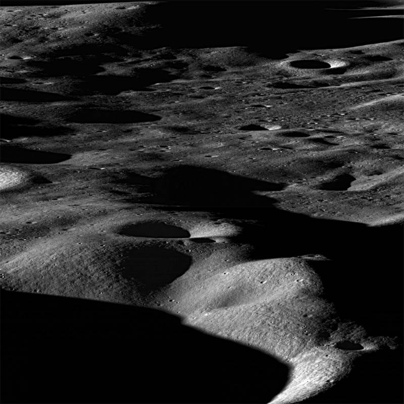 View looking toward the north rim of Cabeus Crater from the southwest, near the moon's south pole. NASA's LCROSS impactor vehicle struck the moon directly below the bottom center of this picture. 