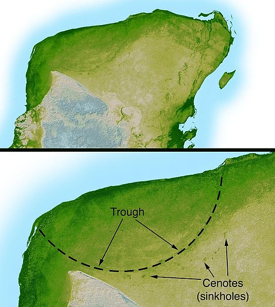 A map of the northern Yucatan Peninsula showing the barely visible remnants of the Chixulub impact crater, formed by an asteroid strike about 66 million years ago. 