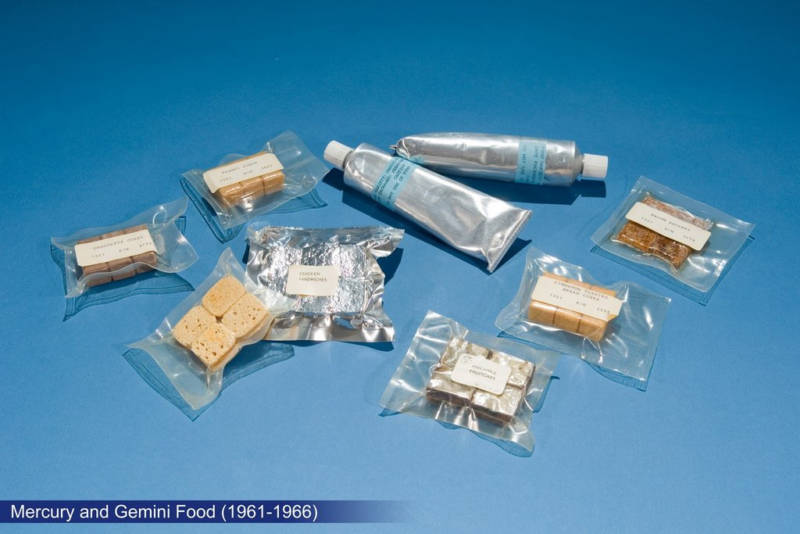 Assortment of freeze-dried/vacuum-packed food items used by astronauts during the Mercury and Gemini programs. 