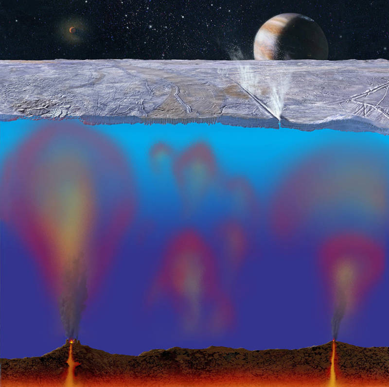 Artist concept of Europa's ice-topped ocean, showing hydrothermal vents injecting heat and chemicals into the waters.