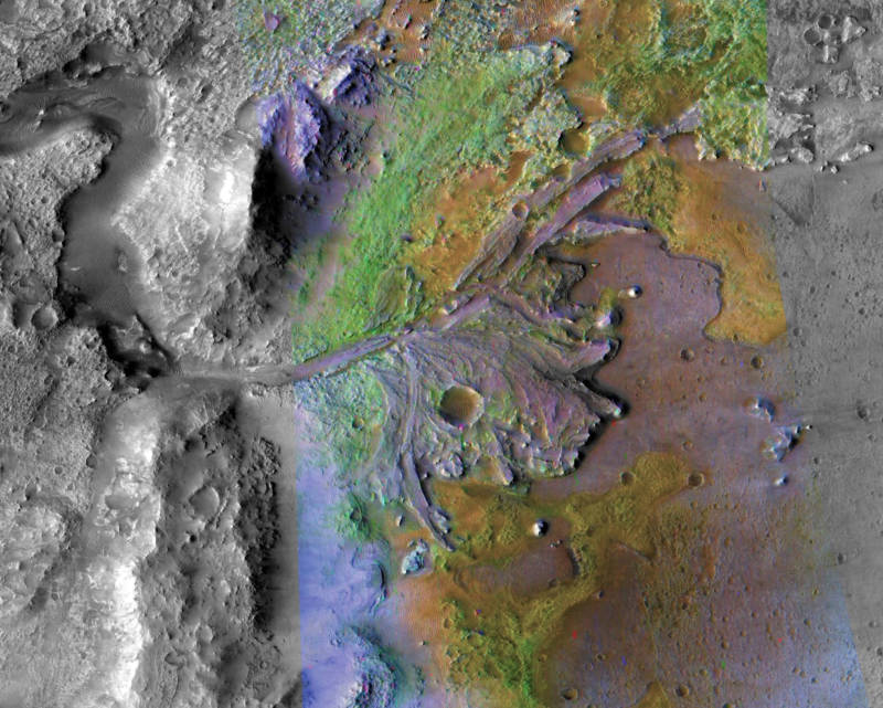 Image of an ancient river delta deposit at the edge of Jezero Crater, captured by NASA's Mars Reconnaissance Orbiter. 