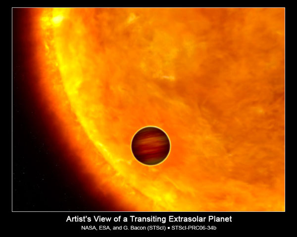 Artist illustration of a "Hot Jupiter" extrasolar planet transiting its star. 