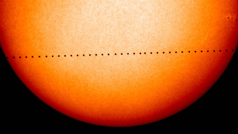 A composite image showing the progress of Mercury across the sun's face during the November 2006 Transit of Mercury. Images captured by the ESA's SOHO spacecraft.