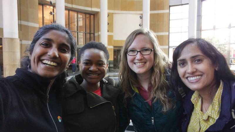 (From left to right) Doctors Jyothi Marbin, Abimbola Dairo, Emma Anselin, and Preeya Desai are getting politically active in response to President Trump's proposed health and immigration policies. They met with staff from U.S. Congresswoman Barbara Lee's office to discuss their concerns about how immigration is affecting the health of Bay Area children.