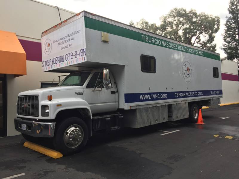 When other community health centers heard the fire rendered one of Santa Rosa Community Health's buildings unusable, they sent their own mobile units to serve as extra exam rooms. This mobile clinic is from Tiburcio Vasquez Health Center of Hayward. Their CEO plans to donate it permanently to the Santa Rosa clinic.
